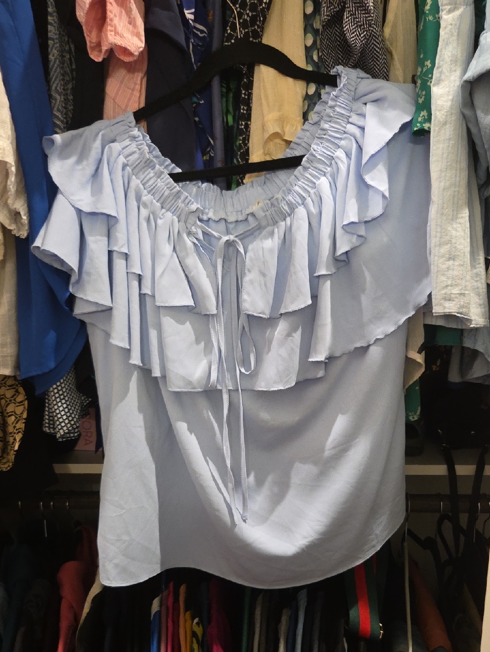 Light Blue Ruffled Off-Shoulder Women's Top